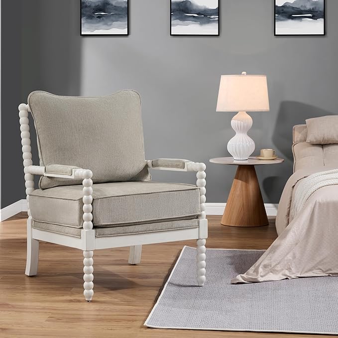 DUHOME Linen Fabric Spindle Accent Chair with Wood Frame,Spool Chairs with High Resilience Spring Cushion and Armrest Pads, Leisure Armchair for Living Room Bedroom Farmhouse Home Office Belcony