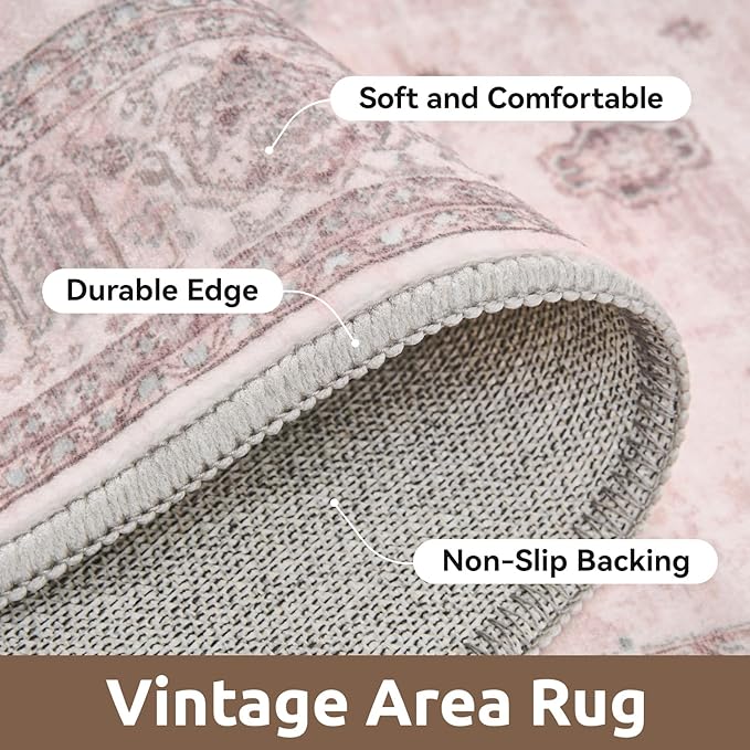 AMOAMI-Vintage Area Rug 8X10 Pink Rugs for Living Room-Soft Living Room Rug Non Slip Rugs for Bedroom Carpet Machine Washable Rug for Dining Room Bedside Office Room Decor