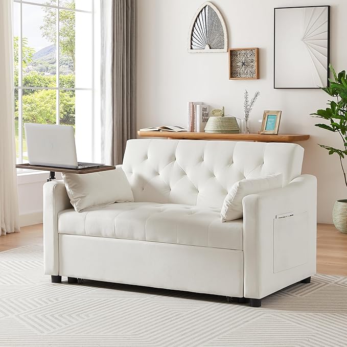 3-in-1 Convertible Sleeper Sofa Bed, Pullout Couch with 360° Swivel Side Table, Modern Chenille Fabric, Easy to Assemble, Folding Loveseat Sofa Bed for Living Room & Guest Room