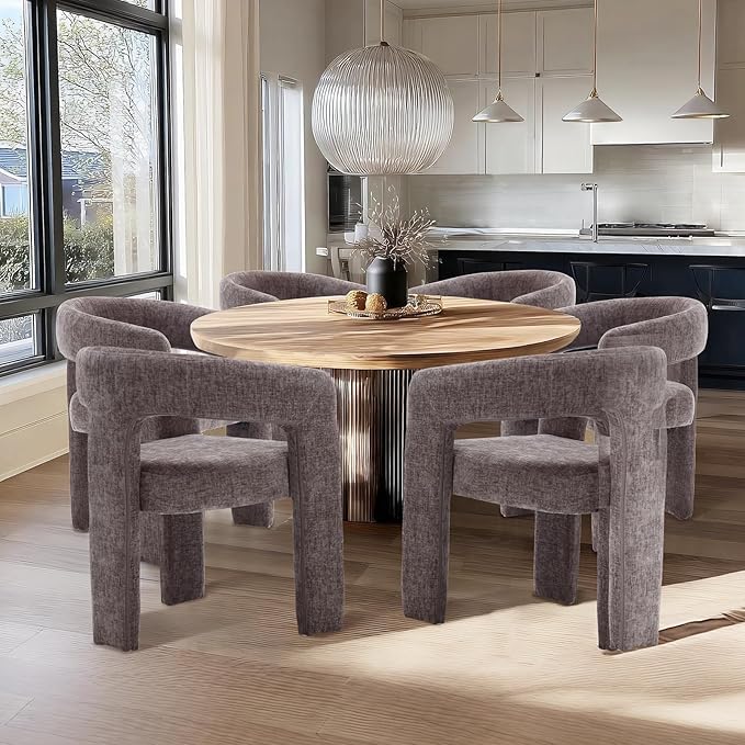 Charcoal Grey Chenille Dining Chairs Set of 6, Modern Barrel Dining Room Chairs Upholstered Accent Chair with Arms and Round Back for Living Room Kitchen Armchair No Assembly Needed