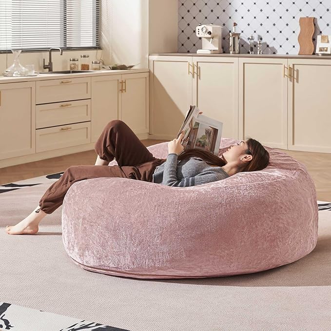 Bean Bag Chair 4Ft, Memory Foam Filled, Large Beanbag Chairs for Adults and Teens, Soft Sofa with Removable Flannel Cover, Round Couch for Living Room Bedroom College Dorm (Pink, 4FT-47×47"×24")