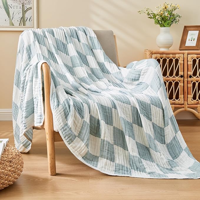 EMME Checkered Cotton Blanket Twin Large 60"x80" 100% Muslin for Couch Breathable Cooling Gauze All Season Soft and Lightweight (Teal)