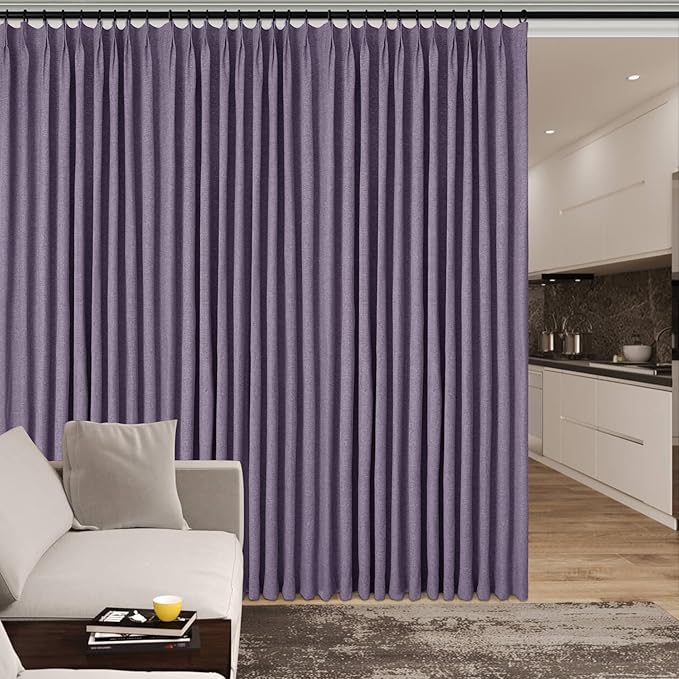 Extra Wide 100% Blackout Linen Textured Curtains - Room Dividers, W200 x L84 (1 Panel), Pinch Pleat Drapes for Living Room, Full Light Block Out Drapery for Sliding Door, Violet