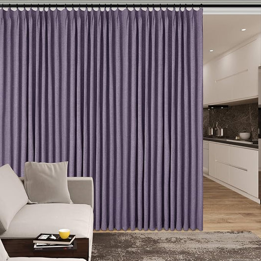 Extra Wide 100% Blackout Linen Textured Curtains - Room Dividers, W200 x L84 (1 Panel), Pinch Pleat Drapes for Living Room, Full Light Block Out Drapery for Sliding Door, Violet