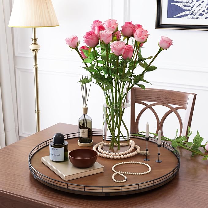 Farmhouse Oak 24" Lazy Susan Turntable Organizer for Cabinet, Round Wooden Lazy Susan Organization and Storage for Dining Table, Pantry, Kitchen, Countertop, Cupboard,Home Decor, Walnut