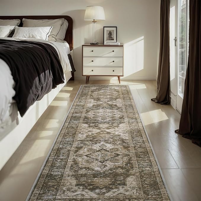 AMOAMI-2X6 Runner Rug-Washable Runners for Hallways-Soft Non Slip Bedside Rugs for Bedroom-Vintage Long Rug for Hallways Entryway Laundry Room Stair Kitchen Bathroom Light Brown/Coffee
