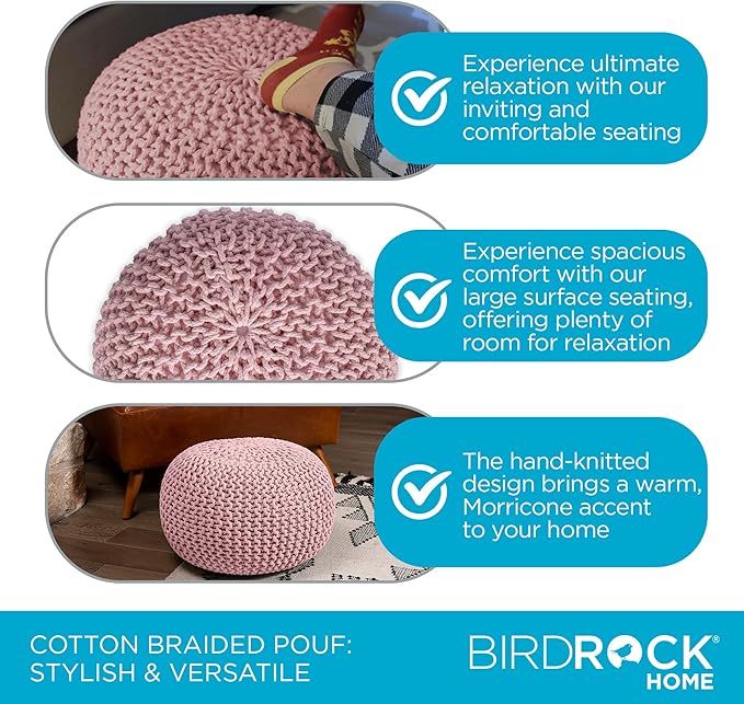 BIRDROCK HOME Round Pouf Ottoman | Cotton Braided Foot Stool with Bean Bag Filling | Boho Foot Rest for Living Room & Bedroom | Compact & Comfortable Seating, Lightweight & Soft | Dusty Rose