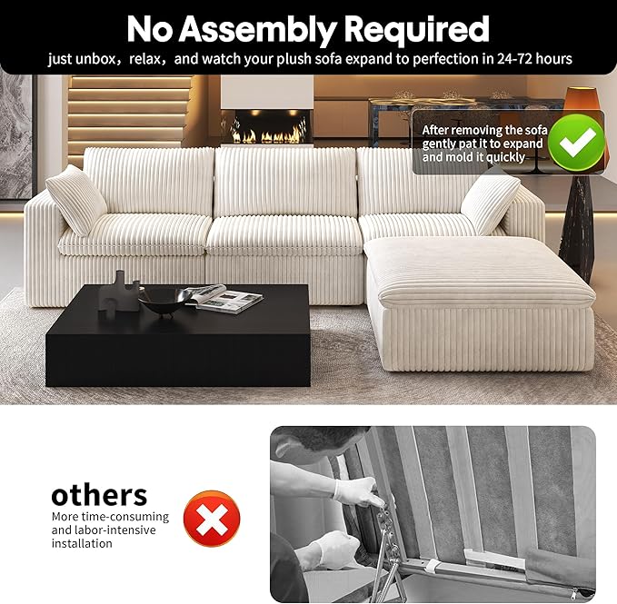 118" L Shaped Modern Sofa Modular Sectional Cloud Couch with Ottoman,Deep Seat Upholstered Couches with Plush Corduroy Fabric for Living Room Furniture,Bedroom and Apartment,No Assembly Required,White