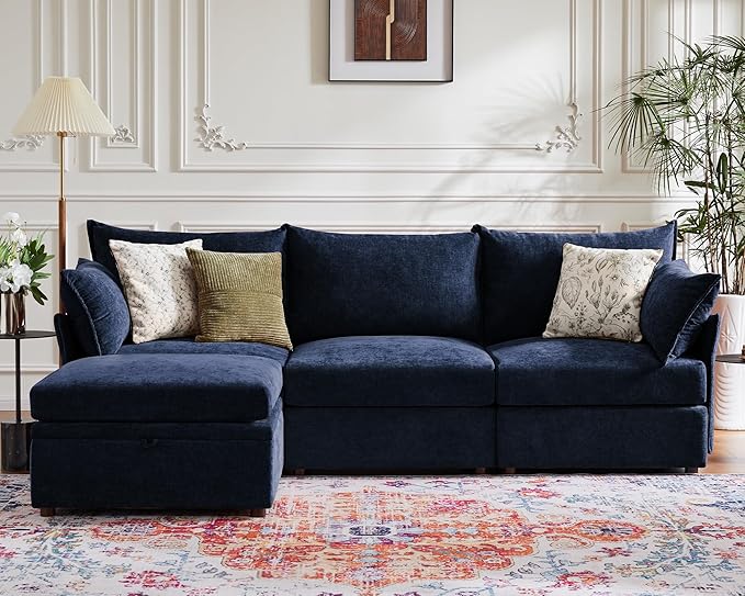 102.6" Modular Sectional Sofa, Oversized 3-Seater Blue Couch with Removable Chenille Fabric Cover, Deep Seat & High Backrest for Living Room, Office & Apartment