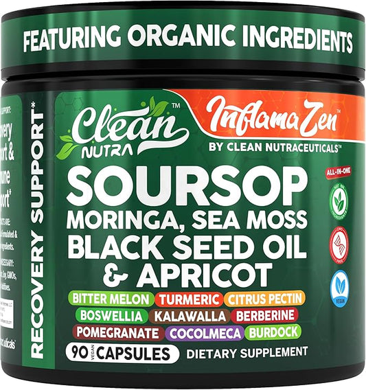 Clean Nutra Soursop Supplement Moringa Sea Moss Black Seed Oil Berberine Turmeric Resveratrol Quercetin Greens Bitters Boswellia Bitter Melon Burdock Root Antioxidant Support 90 Capsules