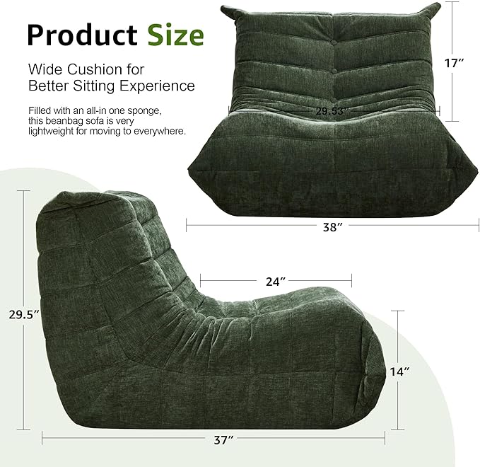 Bean Bag Chairs for Adults Giant Bean Bag Chair Memory Foam BeanBag Chair Big Bean Bag Sofa with Filler Faux Fur Fireside Beanbags Lazy Sofa for Living Room Bedroom Dorm Office (Green Chenille)