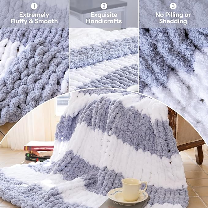 Chunky Knit Blanket - Luxury Soft Cozy 50 * 60 Throw Blanket,100% Woven Blanket Rope Knot Throw Blanket for Couch, Sofa, Home Decor, Gift - Machine Washable（White/Light Gray）
