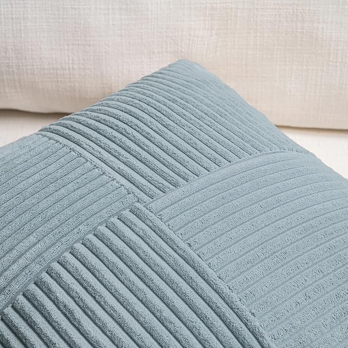 Fancy Homi Set of 2 Light Blue Long Lumbar Decorative Throw Pillow Covers 12x24 Inch for Couch Bed Sofa, Rustic Farmhouse Boho Home Decor, Soft Striped Corduroy Rectangle Accent Cushion Case 30x60 cm