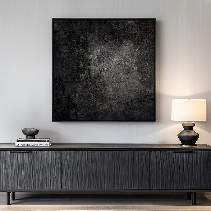 Framed Black Abstract Wall Art, Modern Canvas Prints Paintings Artwork for Walls, Square Minimalist All Black Pictures for Living Room, Hallway, Fireplace, Bedroom, Office, Bathroom Wall Decor