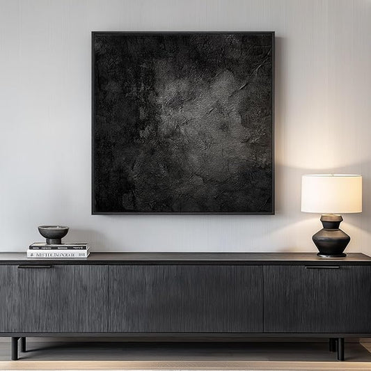 Framed Black Abstract Wall Art, Modern Canvas Prints Paintings Artwork for Walls, Square Minimalist All Black Pictures for Living Room, Hallway, Fireplace, Bedroom, Office, Bathroom Wall Decor