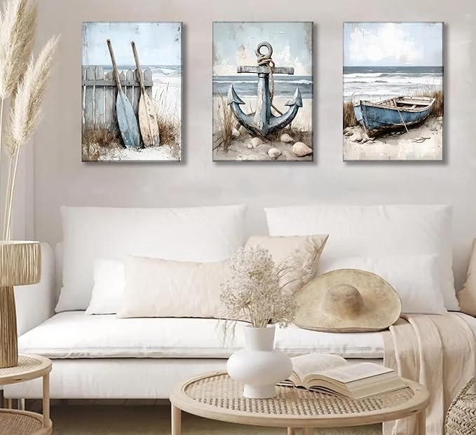 3Pcs Coastal Beach Canvas Wall Art Sailboat Paddle And Anchor Paintings Pictures Wall Decor Nautical Posters Prints Artwork Suitable for Living Room Bedroom Home Office Corridor Home Decroation
