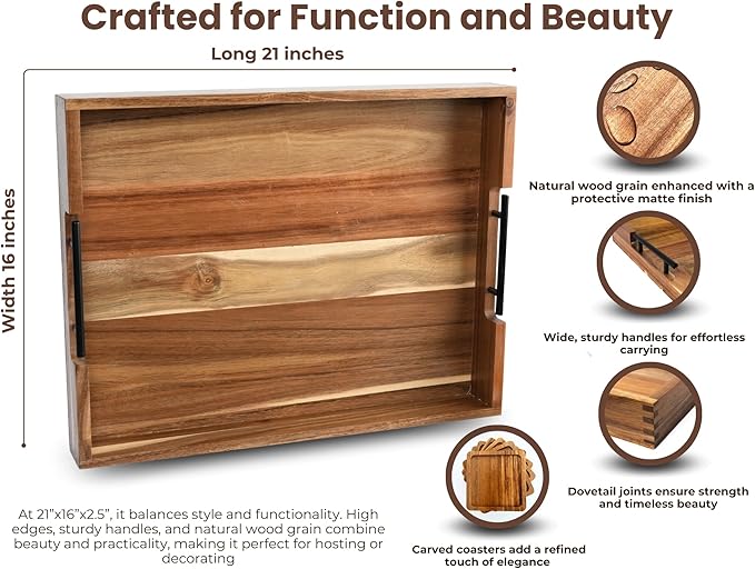 Acacia Wooden Ottoman Tray for Living Room – 21" Large Coffee Table Serving Tray with Handles & 6 Coasters Set, Perfect for Food, Drinks, Kitchen, and Home Decor