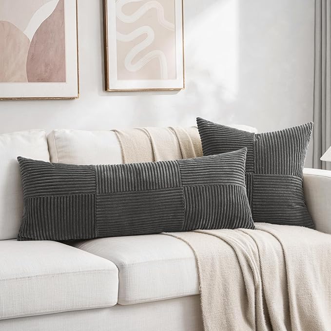 Fancy Homi 2 Packs Dark Gray Decorative Throw Pillow Covers 22x22 Inch for Living Room Couch Bed Sofa, Rustic Farmhouse Boho Home Decor, Soft Corss Corduroy Patchwork Accent Cushion Case 55x55 cm