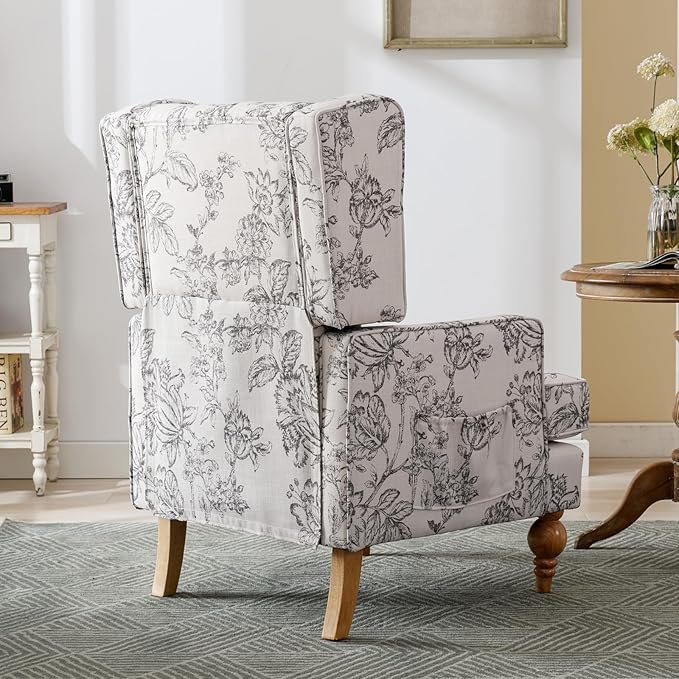 DUOMAY Tufted Accent Chair, Modern Linen Upholstered Wingback Side Arm Chair for Living Room Bedroom with Wood Legs, Comfy Reading Guest Chair for Office, Beige Flower Pattern