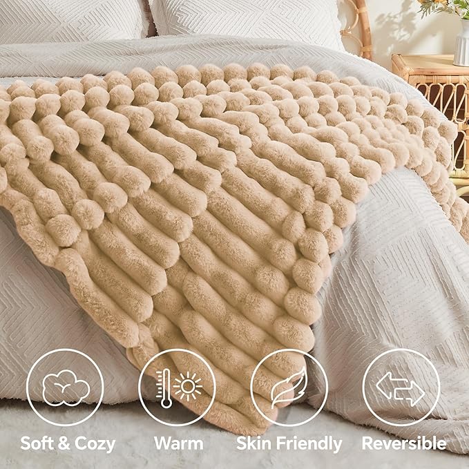 BEDELITE Faux Fur Throw Blanket for Couch, Soft and Cozy Luxurious 3D Striped Fluffy Blanket, 770GSM Thick Warm Plush Fuzzy Faux Rabbit Fur Blanket for Women Gift (Brown, 50"x 60")