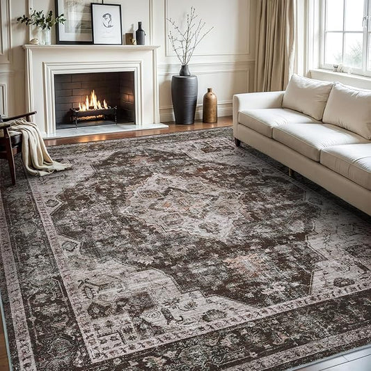 AMOAMI-Area Rug 9X12 Rugs for Living Room-Vintage Soft Brick/Brown Rugs for Bedroom-Non Slip Carpet-Washable Rug for Dining Room Living Room Bedroom Office Under Table