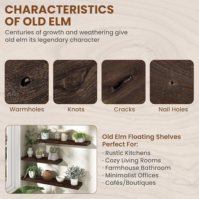 40 Inch Floating Shelves for Wall, Rustic Elm Wood Shelf for Home Decor, Heavy-Duty Wooden Floating Shelves for Kitchen, Wall Mounted Storage Shelves for Bathtoom, Living Room, Walnut Color, Set of 1