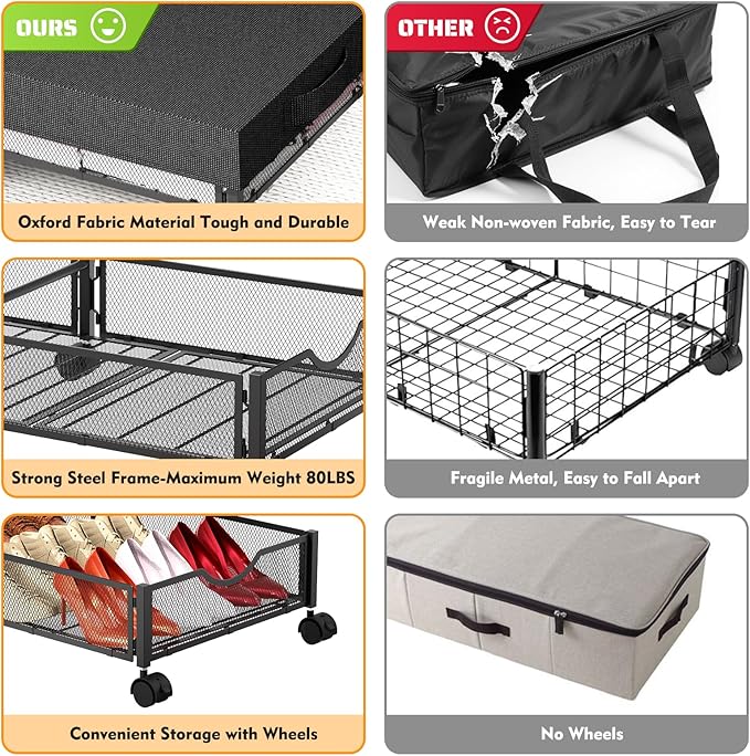 2 Pack Under Bed Storage with Wheels, 36" Lengthen Underbed Storage Containers with Lids, Large Capacity Under Bed Shoe Storage, Metal Clothes Organizer, Storage Box for Clothing Shoes Blankets Sheet