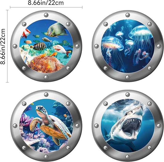 3D Ocean Animals World Wall Stickers Glow in The Dark, 4 Pcs Sharks Turtles Jellyfishs Removable Decals for Kids, Vinyl Stickers for Ceiling (Blue)
