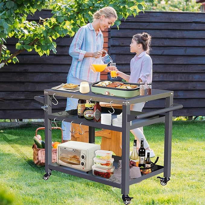 Domi 3-Shelf Outdoor Grill Table, Grill Cart Outdoor with Wheels, Pizza Oven and Food Prep Table, Blackstone with Stainless Steel Tabletop, BBQ Stand for Blackstone Griddle for Outside BBQ