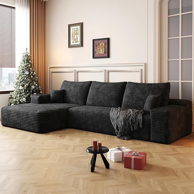 108" Sectional Couches for Living Room Modern Modular Sofa with L-Shape Couchs Upholstered Boneless Couch Deep Seat Sectional Couch with Chaise (Black, Left Facing Chaise+2Seaters)