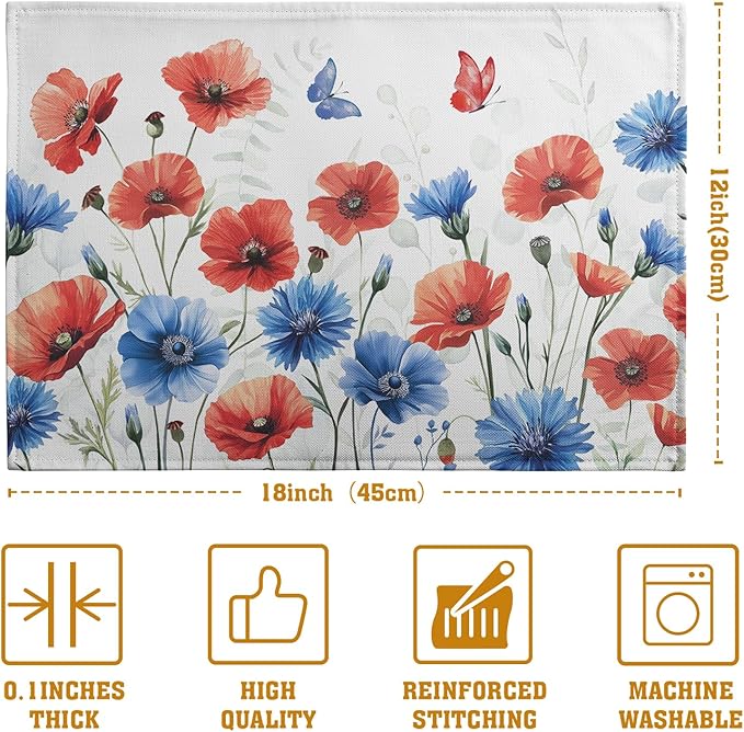 4th of July Floral Placemats Set of 4 Patriotic Summer Red Blue Flowers Linen Fabric Table Mats America Memorial Day Independence Day Place Mats for Party Kitchen Dining Decoration