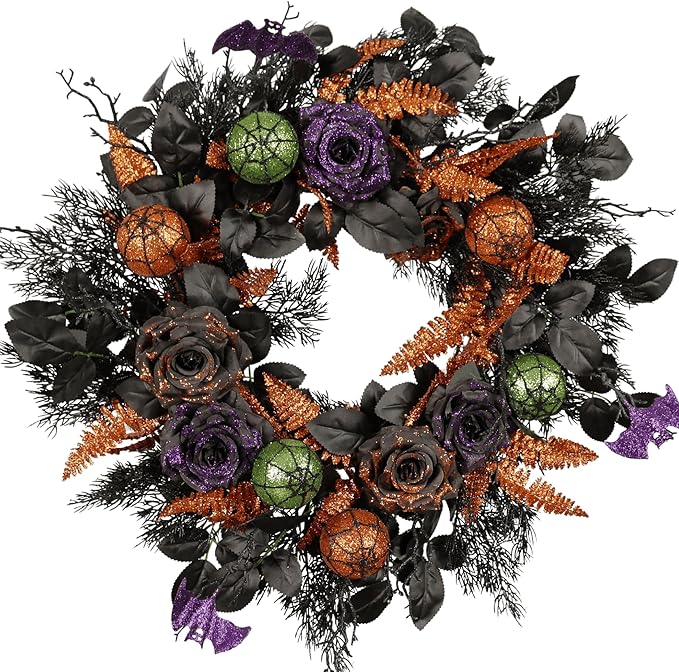 22 Inch Halloween Wreath for Front Door, Spooky Black & Purple Glitter Rose Wreath with Bats & Ornaments, Outdoor Halloween Decorations