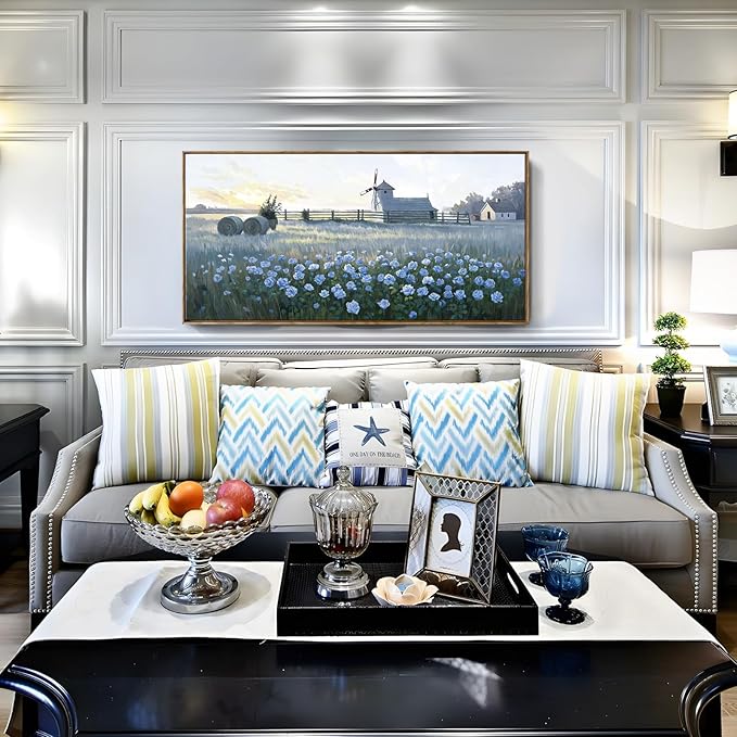 amatop Large Framed Country Landscape Wall Art – Blue Floral Canvas Art Print Vintage Rustic Farmhouse Picture Sunset Nature Artwork Wall Decor for Bedroom Dining Room Office Entryway 48x24 Inch