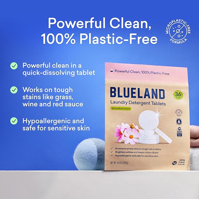 BLUELAND Laundry Detergent Tablets, 60 Count, Spring Bloom Scent, Plastic-Free Eco-Friendly Pods, Sheets, Liquid Alternative - Safe for Sensitive Skin, Gentle