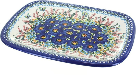 Blue Rose Polish Pottery Garden of Blue Large Rectangular Serving Platter