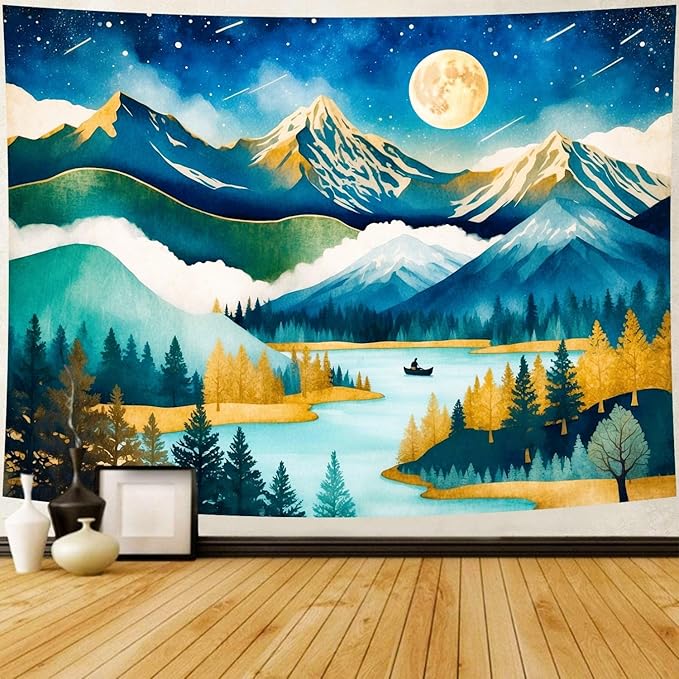 Delur Mountain Tapestry Boho Moon Stars Starry Night Tapestry Wall Hanging Forest Tree Nature Landscape Psychedelic Headboard for Bedroom Living Room Home Decor (51.2" x 59.1")