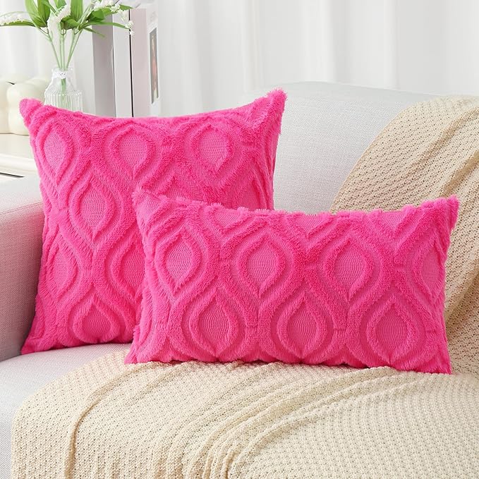 decorUhome Fall Throw Pillow Covers 16x16 Inch Set of 2, Soft Plush Decorative Faux Fur Hot Pink Solid Couch Pillow Covers, Accent Farmhouse Neutral Square Euro Pillow Cases for Sofa Bed Living Room
