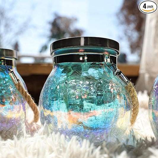 Cooo 4 Pack Solar Lantern Outdoor Waterproof Iridescent Crackle Glass with 215% Larger Solar Panel, Stainless Steel Lid – Rainbow Glass Hanging Light with Cool White LED for Garden Patio Table