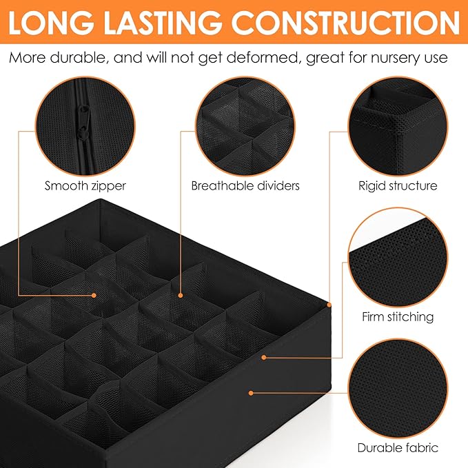 6 Pack Sock Underwear Drawer Organizer Dividers, 58 Cell Foldable Fabric Dresser Closet Organizers and Storage Bins for Clothing, Baby Clothes, Bra, Panty, Scarf, Ties (Black)