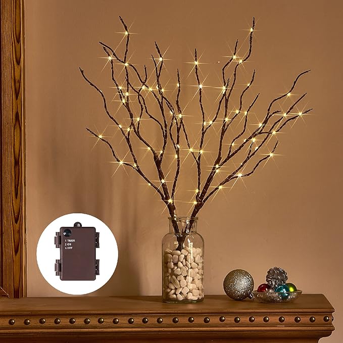 Birchlitland Lighted Brown Branches 18IN 70L Warm White Fairy Lights, LED Willow Branch Lights with Timer Battery Operated for Home Bedroom Living Room Vase Decoration