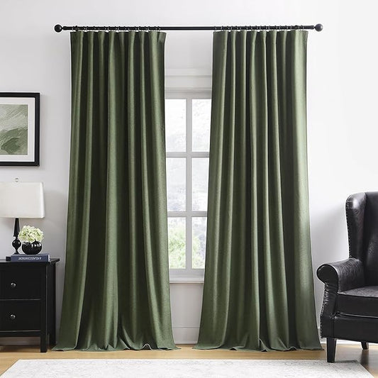 102 Inch Long Linen Blended Blackout Curtains 2 Panels, Back Tab Pleated Look Drapes for Track System with Hooks, Noise Reducing Country Blackout Winodw Curtains 50x102-Loden/Olive Green