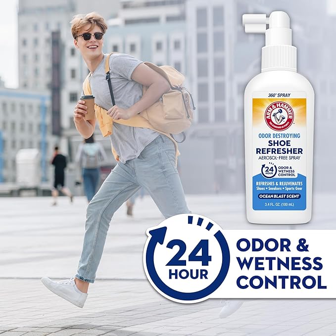 Arm & Hammer Shoe Refresher Spray, Odor Eliminator for Sneakers, 24 Odor & Wetness Control, Aerosol-Free Shoe Deodorizer Spray, Ocean Blast Scent, 3.4 oz