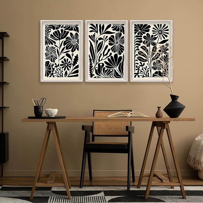 Abstract Floral Botanical Wall Art 16x11 Inch 3 Piece Black Vintage Boho Plant Flower Minimalist Wood Frame Sign Home Living Room Family Office Mid Century Print Wall Hanging Decor (White)