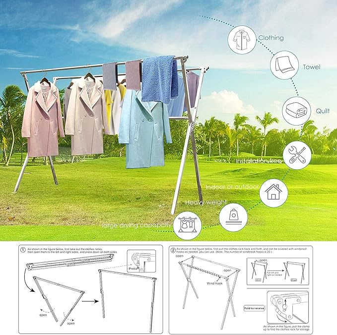 Clothes Drying Racks Outdoor, 81 Inches Updated Version,Stainless Steel Laundry Drying Rack for Indoor Outdoor and The Balcony,Length Adjustable Saves Space,with Windproof Hooks(001)