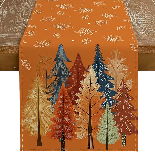 GEEORY Fall Watercolor Trees & Maple Leaves Table Runner 13x120 Inch, Rustic Farmhouse Autumn Thanksgiving Decor for Kitchen, Dining, Indoor/Outdoor Holiday Dinner Party Orange GT158-120