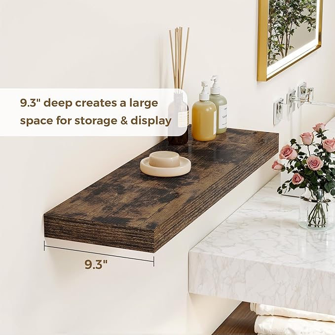 Dreamland 32 Inches Floating Shelves for Wall, 9.3" Deep Long Floating Shelves Set of 2, Large Display & Storage Shelf, Wall Shelf for Bathroom Bedroom Living Room Kitchen Office, Rustic Brown