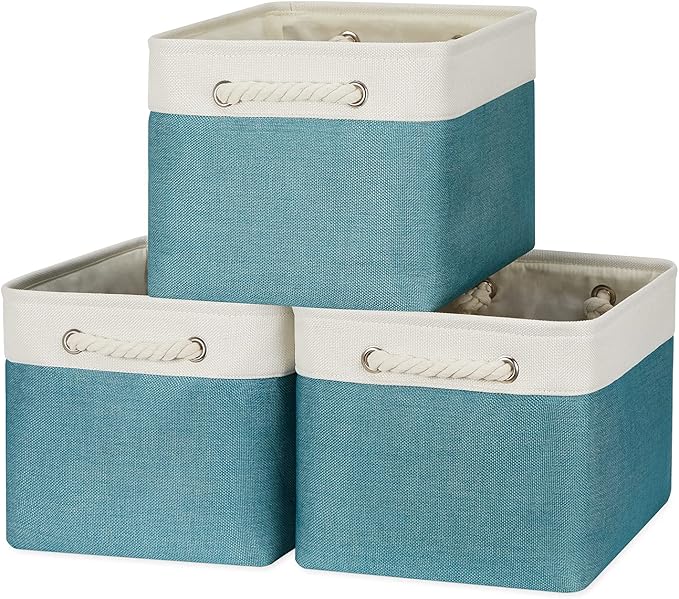 Bidtakay Basket Storage Bins with Handles Fabric Large Storage Baskets for Organizing Set of 3 Collapsible Rectangular Basket for Shelves Closet Organizer 15 X 11 X 9.5 Inches(White&Teal Blue)