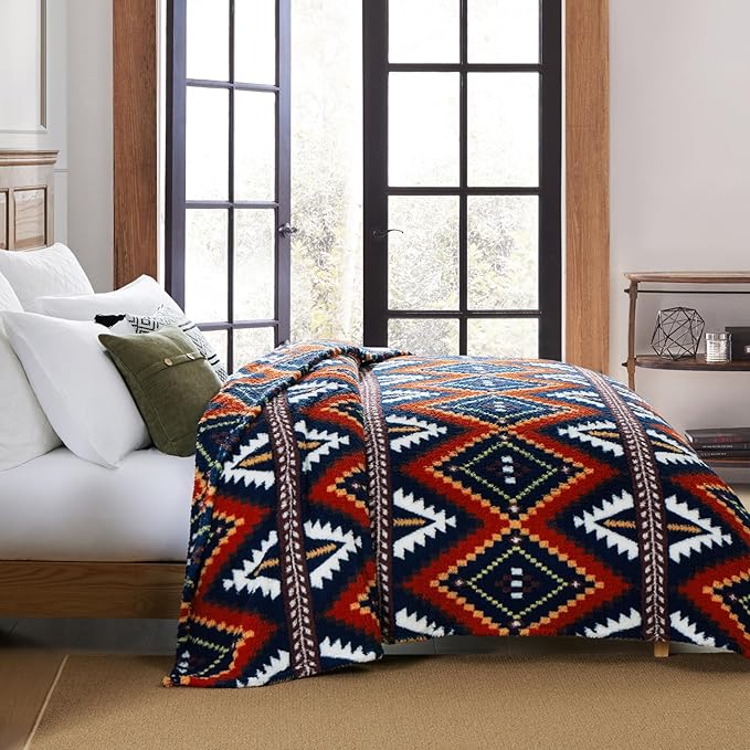 CASAAGUSTO Boho Sherpa Throw Blanket, Aztec Queen Blanket, Ultra Soft, Warm, Cozy, Plush, Thick Fleece Bohemian Throw Blanket for Couch, Bed, Sofa (Navy Blue 90 * 90 Inch)