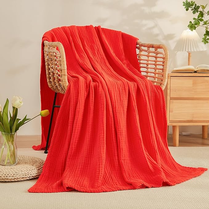EMME Cotton Throw Blanket for Couch Soft Muslin Blankets 50"x60" Lightweight Breathable Blanket All Season Gauze Blanket, Orange Rust