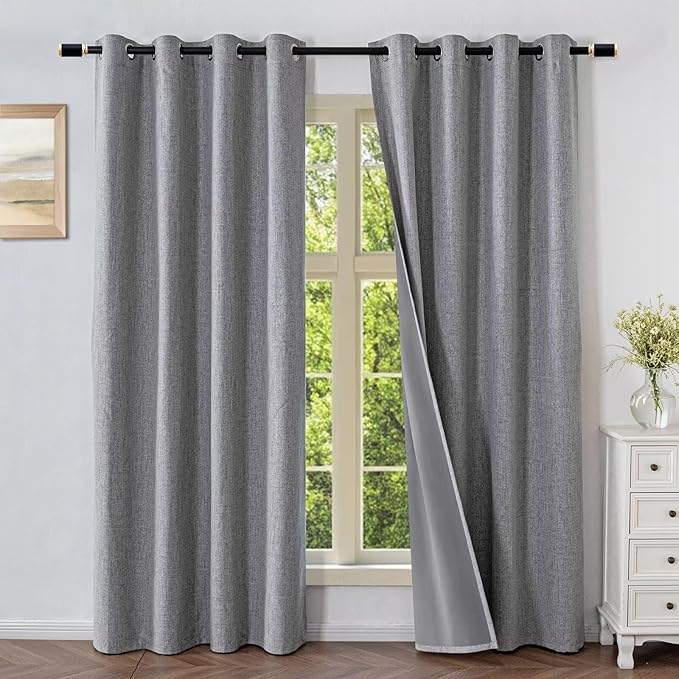 Blackout Curtains 90 Inch Length 2 Panels Set, 100% Black Out Textured Thermal Curtains, Grommet Privacy Light Blocking Drapes for Living Room Bedroom Luxury Decor(52W × 90L inch, Light Grey)